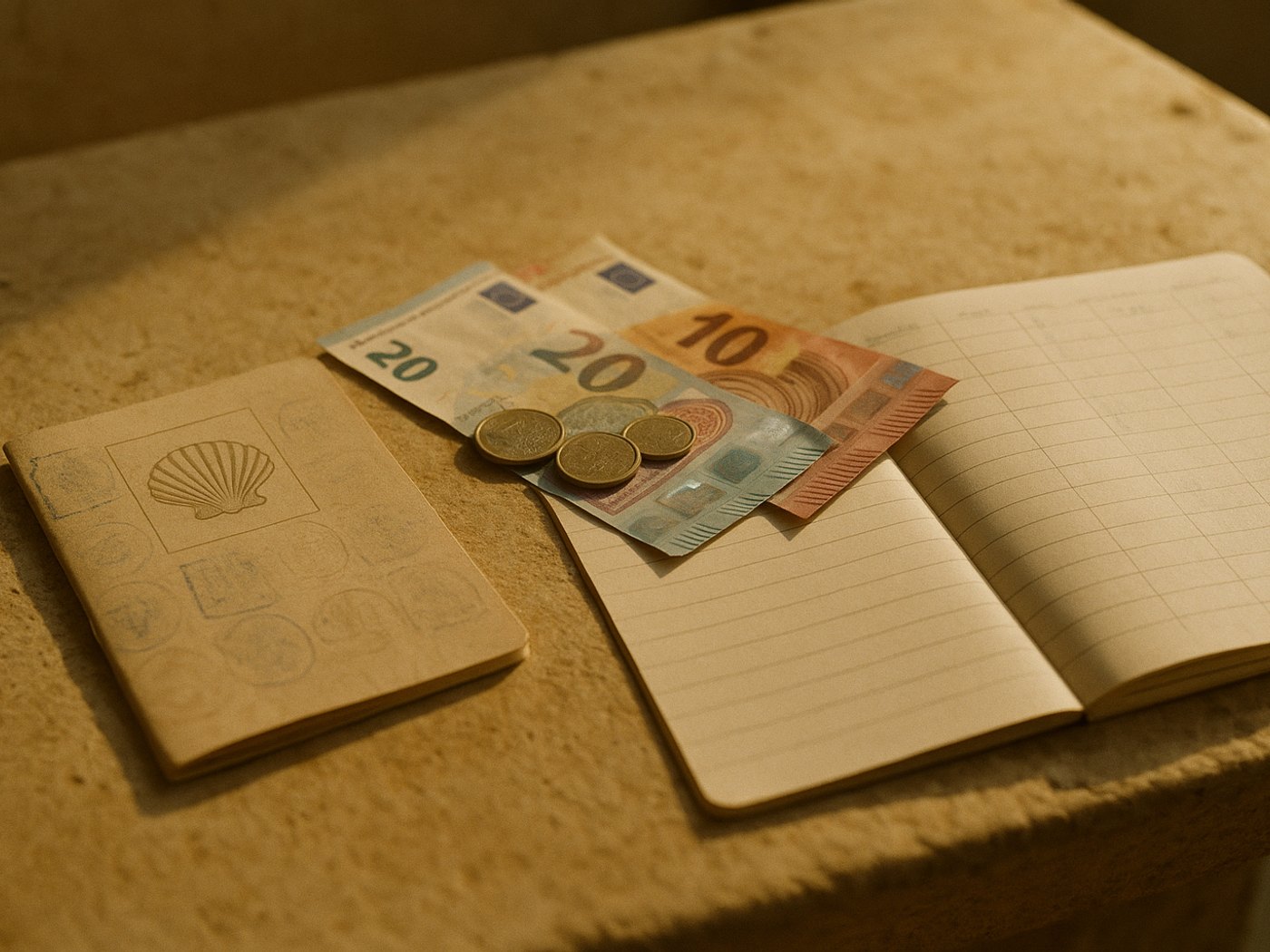 Pilgrimspas, kontanter og en notesbog med budget på et bord