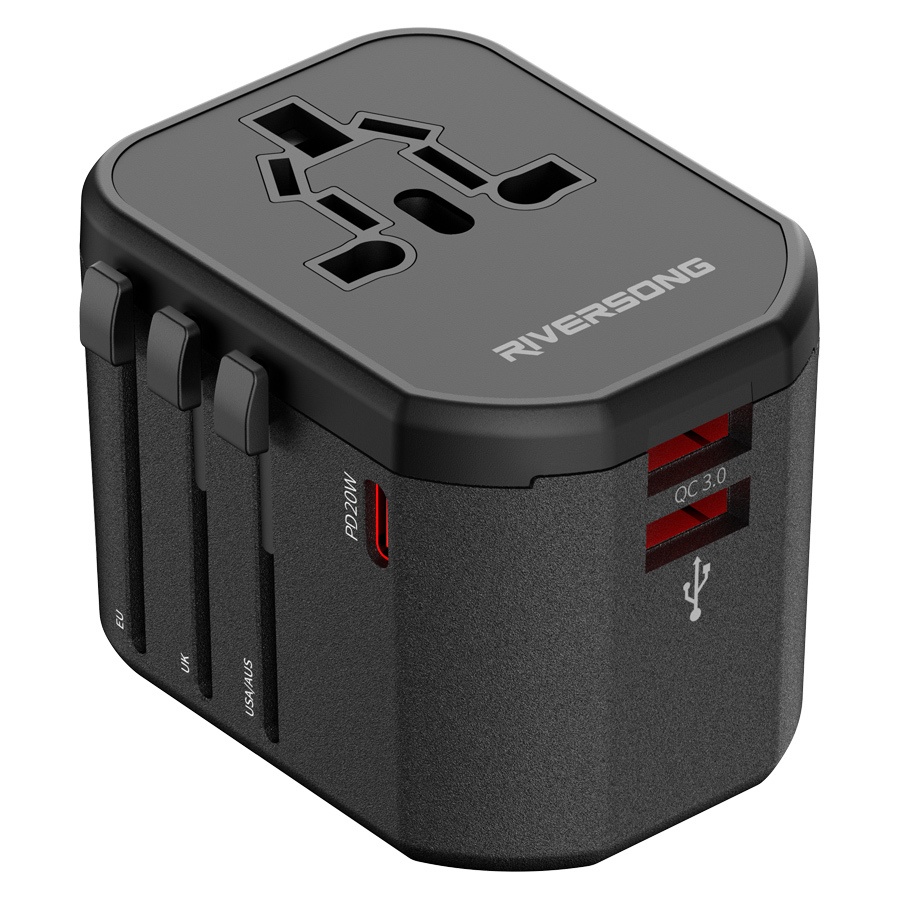 Riversong TravelKub til UK EU US rejseadapter m. USB-C og USB-A, sort